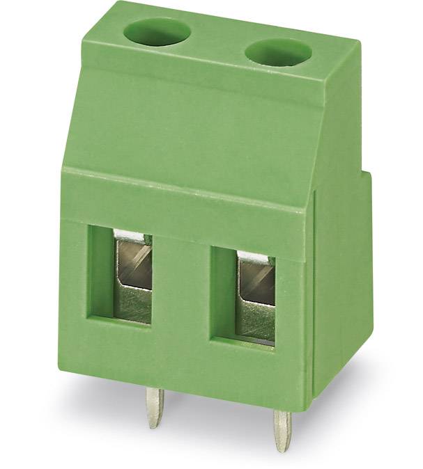 Green two-pole connector with screw terminals and two metal pins on the underside for electrical connections.