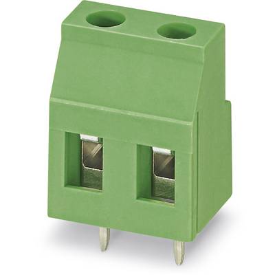 Green two-pole connector with screw terminals and two metal pins on the underside for electrical connections.