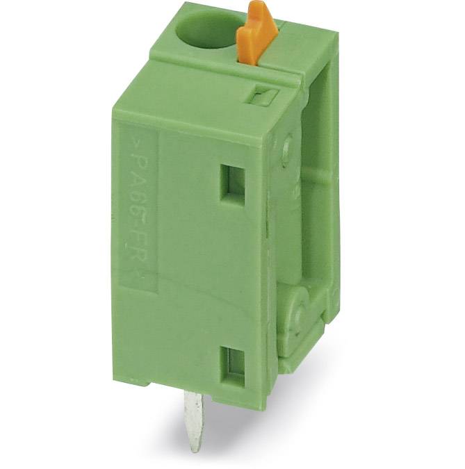 Green connector with orange lever, suitable for PCB mounting.