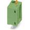 Green connector with orange lever, suitable for PCB mounting.