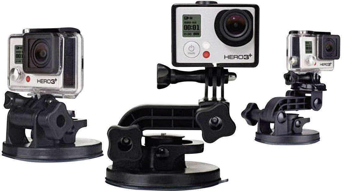 'Three action cameras on suction cup mounts, modelled at various angles. They are suitable for motion recordings.'