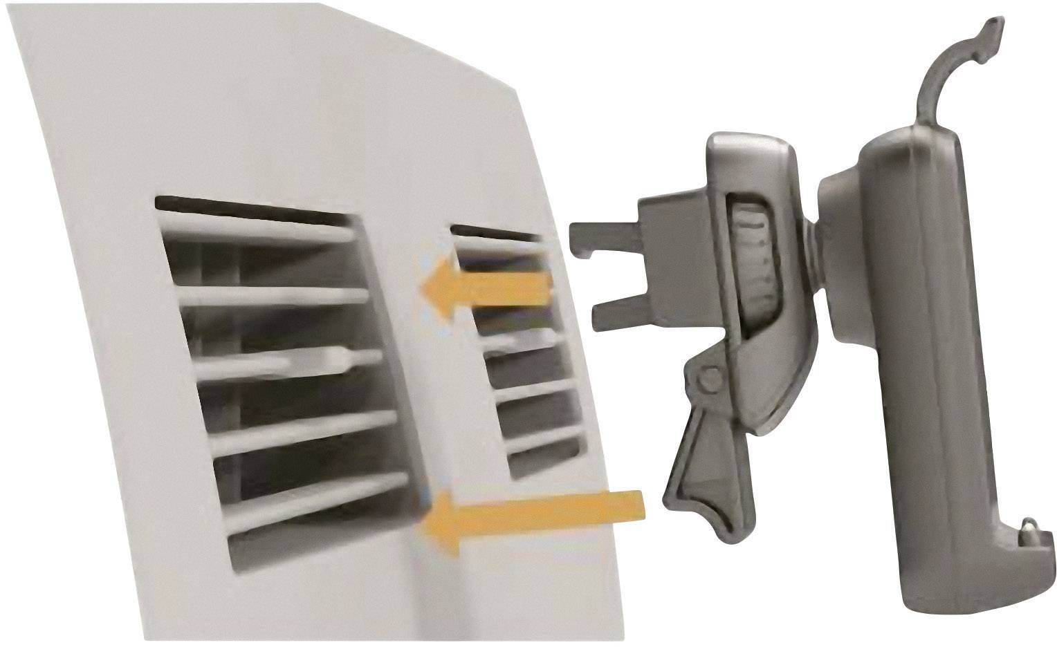 Mounting bracket for a ventilation opening with two yellow arrows indicating the insertion direction of the bracket into the ventilation slots.