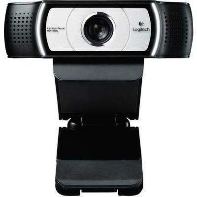 A black Logitech webcam with HD resolution (1080p) and built-in microphone, suitable for video calls and conferences.