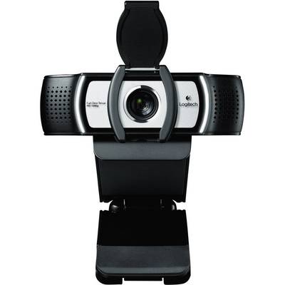 A black webcam with a cover, mounted on a stand.