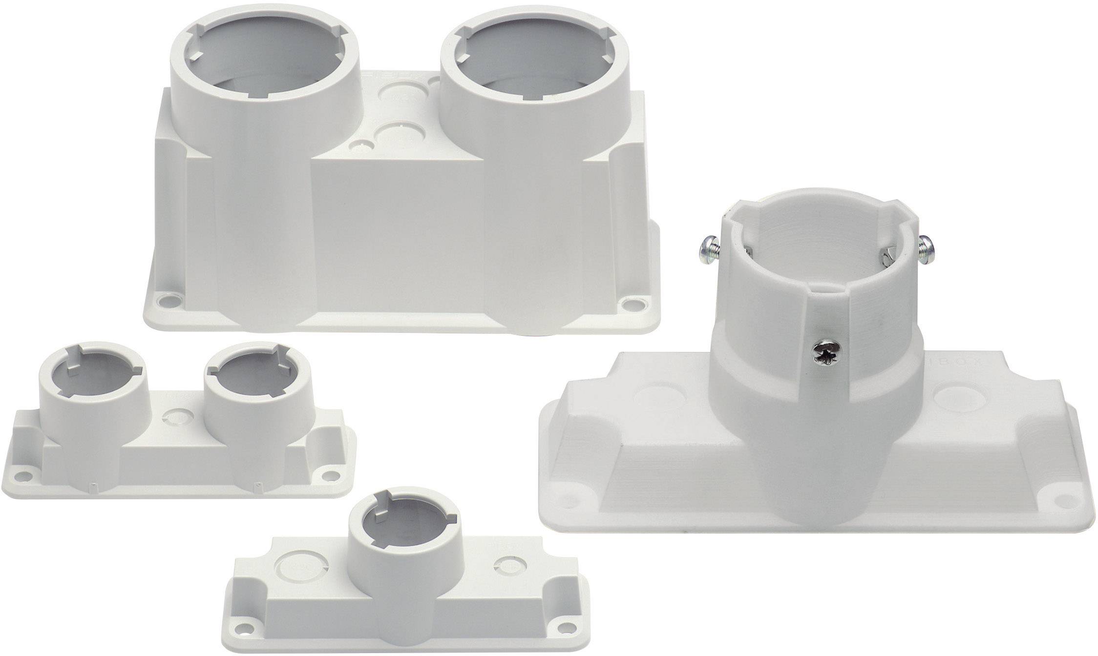 White plastic mounting brackets in various sizes, suitable for mounting cylindrical objects.