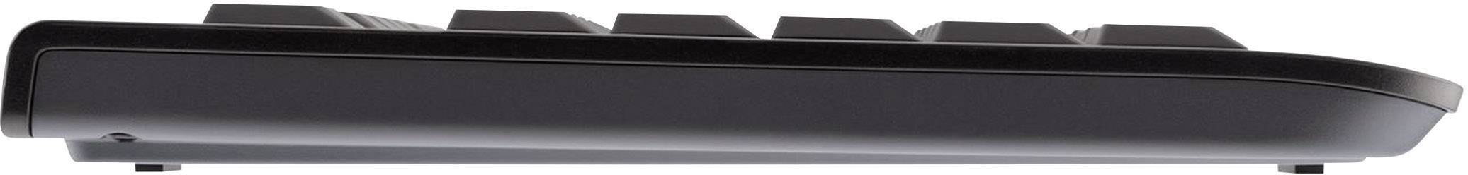 Black computer keyboard viewed from the side, with raised keys in a tiered profile, on a white background.