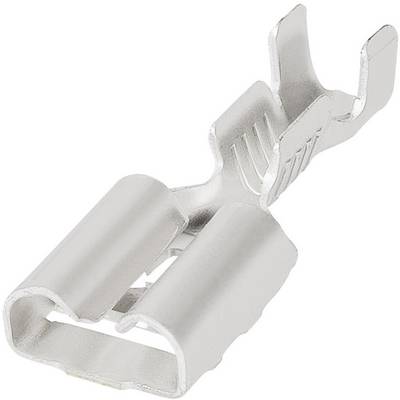 Silver, metallic cable connector (flat plug) with open ends for attachment to a cable for electrical connection.