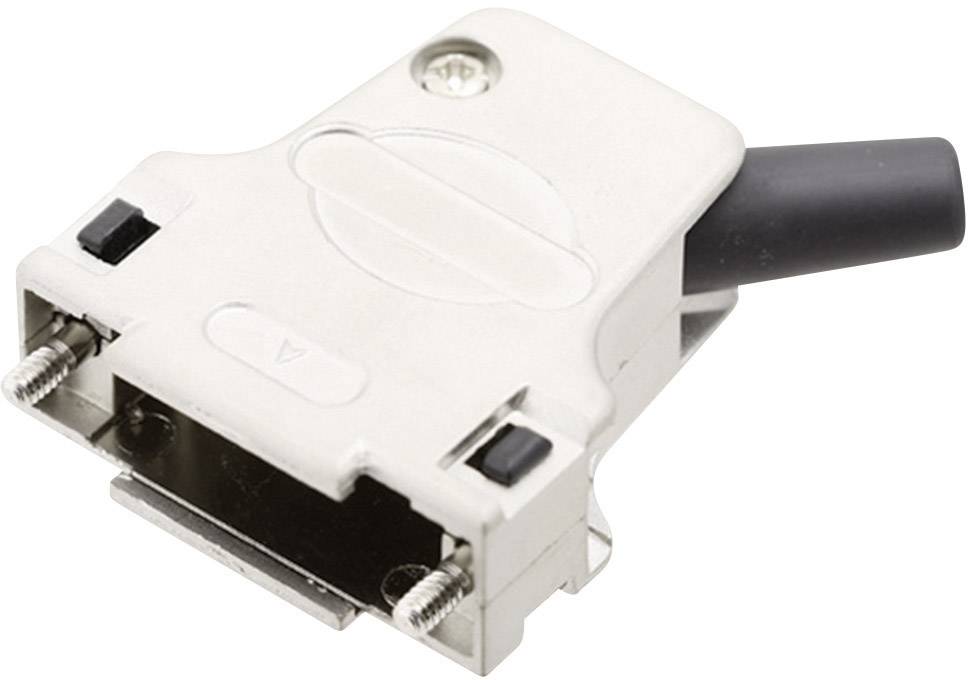 A grey D-SUB plug with a black cable, front view. Screws and cable protection are visible. Used for electrical connections.