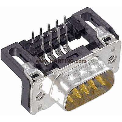 A black and silver D-Sub plug with nine pins, manufactured by Harting.
