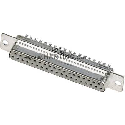 A rectangular metal connector with rows of pins, on which 'www.HARTING.com' is written.