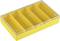 Yellow, rectangular box with a transparent lid and five internal compartments. Suitable for storing small items.