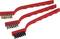 Three wire brushes with red handles lined up in a row. Brass, steel, and nylon bristles are used for cleaning different surfaces.