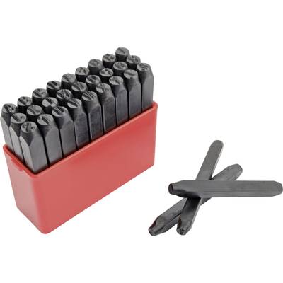Metal stamp set in a red container, comprising stamps with letters and numbers; three stamps are laid out beside it.