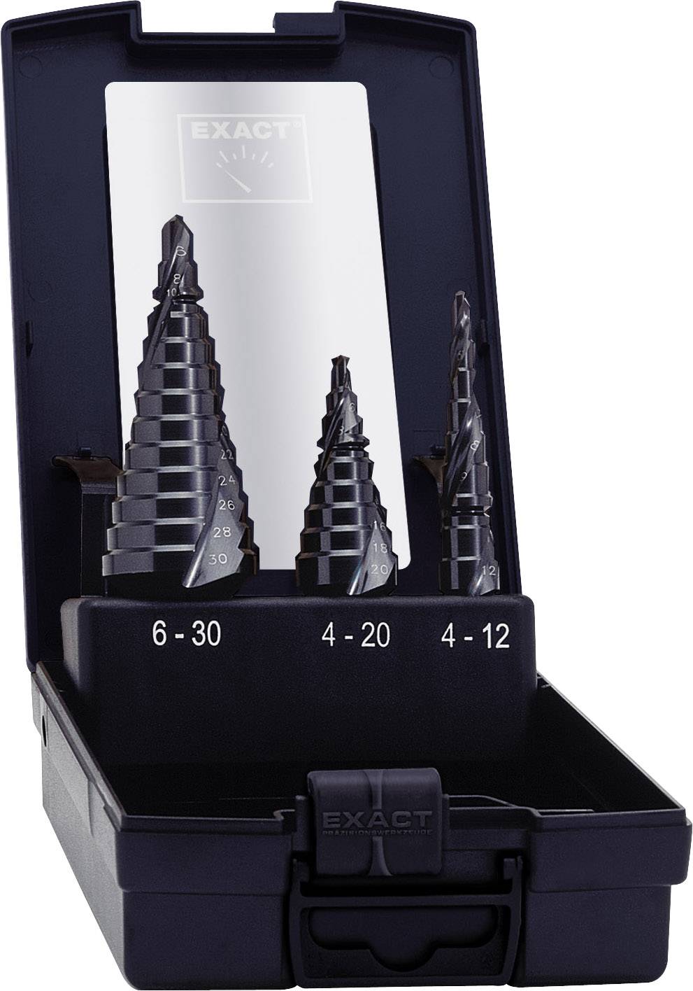 An open black case containing three stepped drill bits in different sizes: 6-30 mm, 4-20 mm, 4-12 mm.