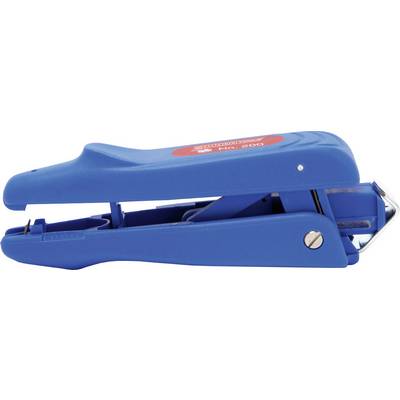 Blue stapler side view, metallic, handle loosened, for paper stapling in the office.