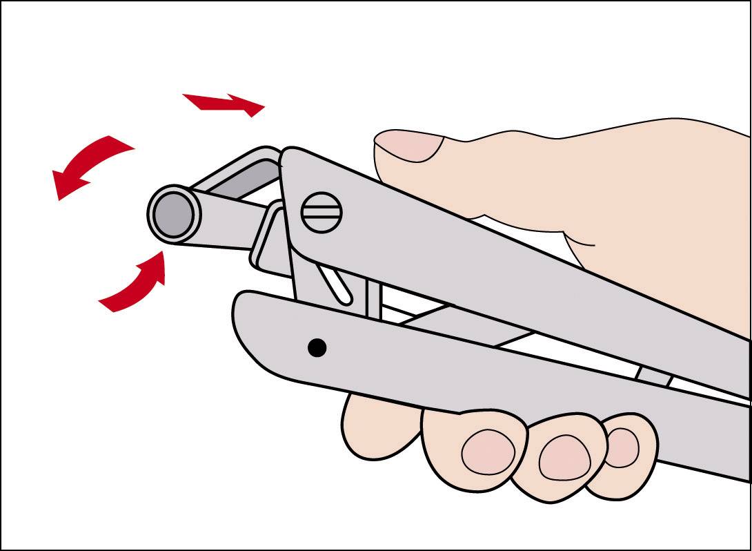 'Illustration of a hand using nail clippers. Three red arrows indicate the direction of the lever movement for cutting the nails.'