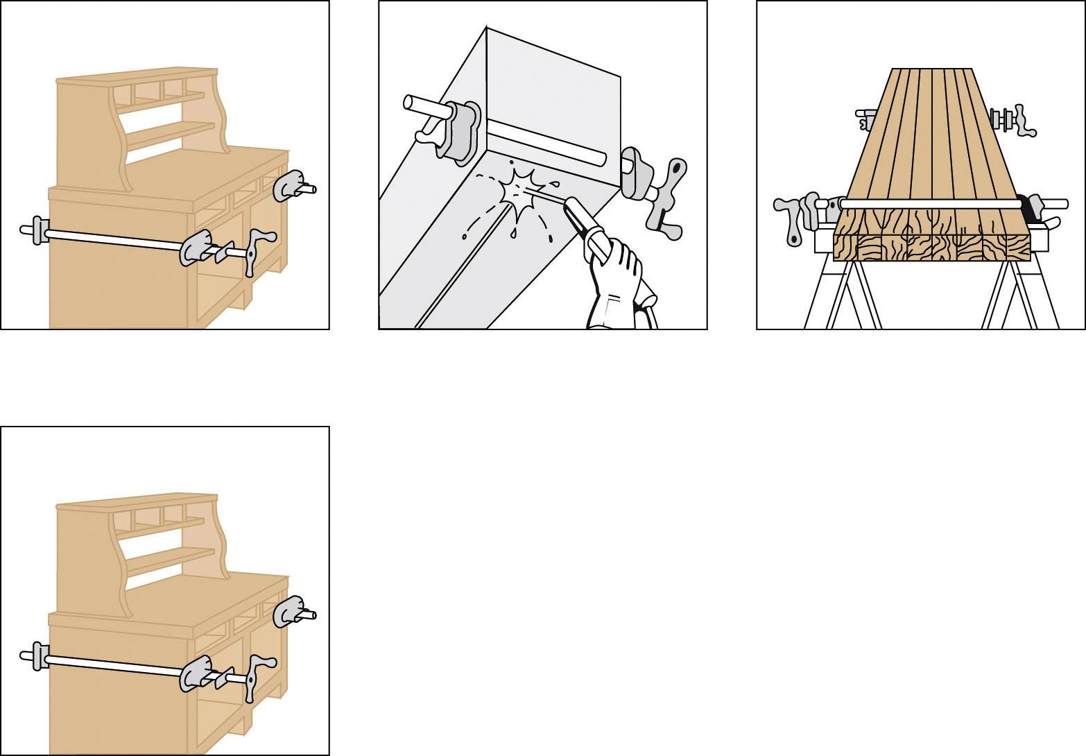 Three illustrations in a step-by-step format show the construction of a woodworking project with a clamp, a hammer, and nails.