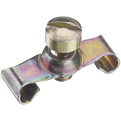 Metallic securing clip with screw for fastening objects, shiny and slightly rust-resistant.
