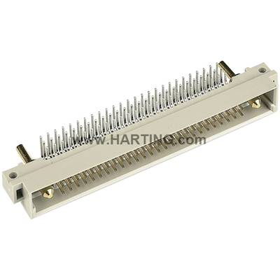 Connector with numerous metal pins, beige plastic housing, two gold-coloured screws on the sides, brand 'HARTING'.