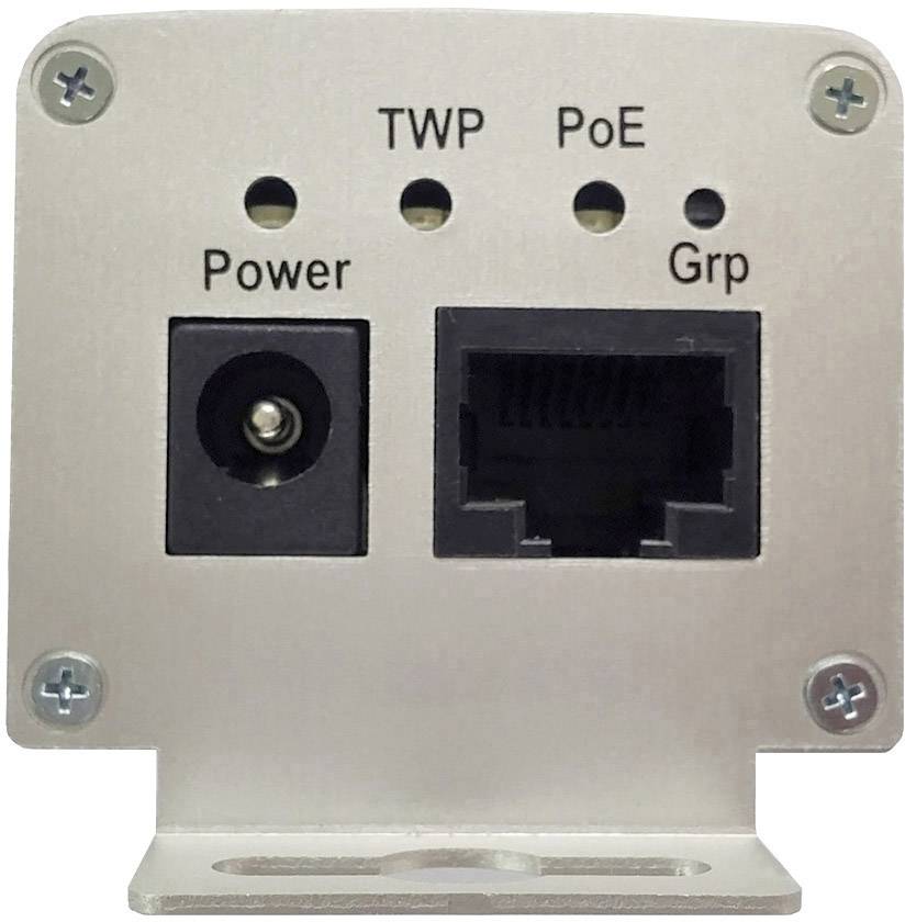 Metal plate with two connections: 'Power' for electricity and 'Grp' for group. Belongs to a device with TWP and PoE functions.