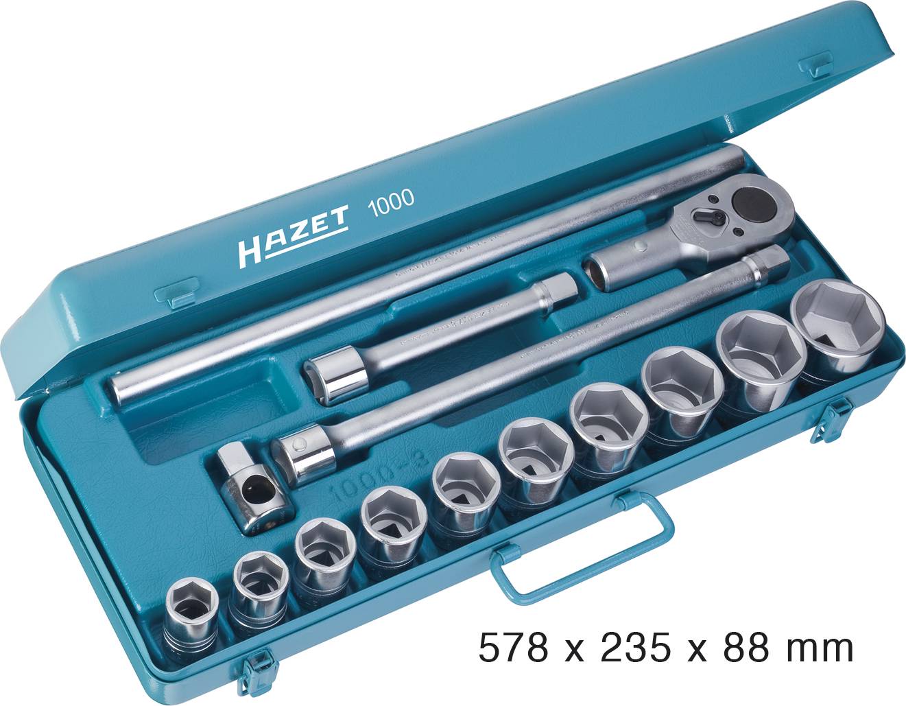 A tool set with various socket sizes and a ratchet in a blue metal case. Dimensions: 578 x 235 x 88 mm.