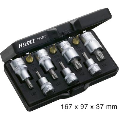 A black box with seven silver socket keys of different sizes, neatly arranged. Text on the box: 'HAZET 1557/10'.