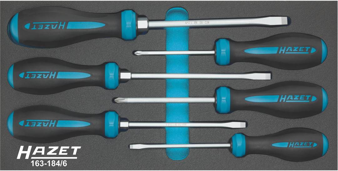 Set of six screwdrivers in a foam insert. Different sizes, black with blue handles, from the Hazet brand.