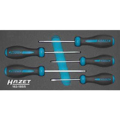 Five-piece screwdriver set by Hazet in a foam insert. Contains cross-head and flathead screwdrivers with blue handles.