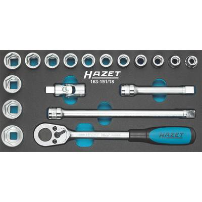 A tool set with a ratchet, extensions and sockets. At the top, the inscription 'Hazet 163-191/18'. Ideal for repair work.