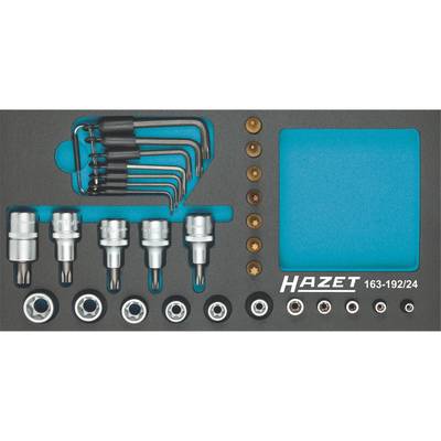 A set of screwdriver bits and Allen keys in a grey and blue holder, marked with 'Hazet 163-192/24'.