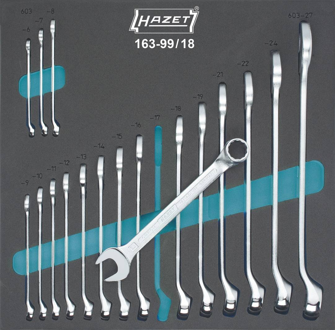 A set of 18 Hazet ring spanners in various sizes is lined up. The spanners are positioned in an orderly arrangement.