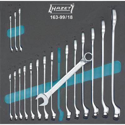A set of 18 Hazet ring spanners in various sizes is lined up. The spanners are positioned in an orderly arrangement.