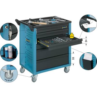 A blue workshop trolley with tools, an open drawer and compartments. Contains spanners, socket wrenches and spray cans.
