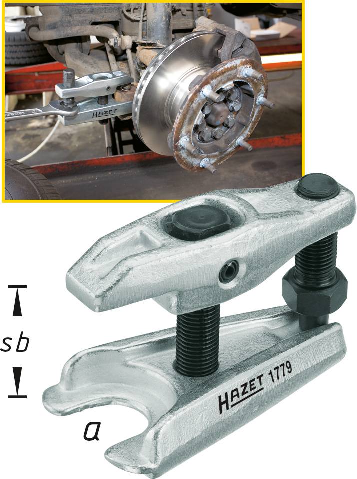 'HAZET 1779' hydraulic brake system puller in action on a wheel mounting system; shows detailed view of application.
