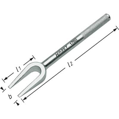 The image depicts a mechanical tool, a silver fork extractor with dimensions l1, l2 and b along the handle and the fork.