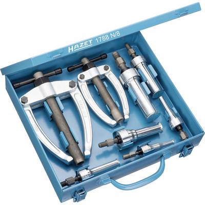 A blue toolbox contains various pullers. It includes two large two-legged pullers and six smaller tool inserts.
