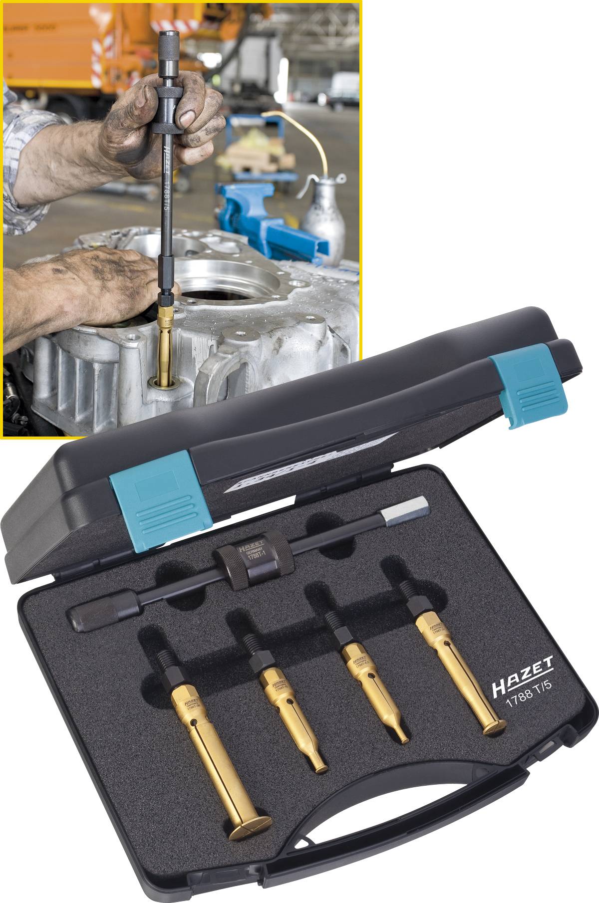 'Tool set with multiple drill bits in an open box. In the background, a motor is being worked on with one of the drill bits.'