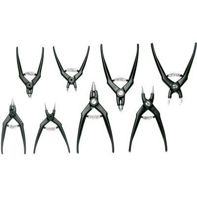 Various black circlip pliers in different sizes on a white background. Suitable for mechanical work.