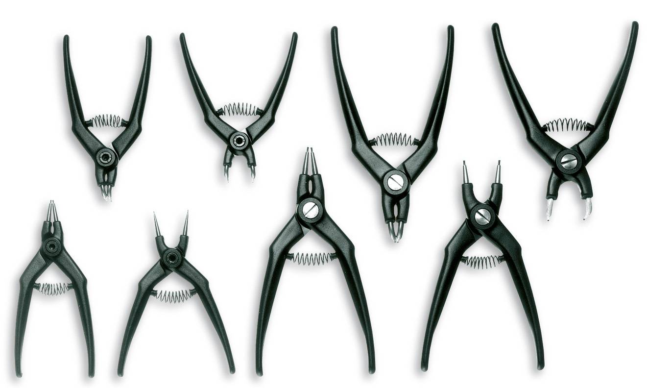 'Eight different circlip pliers in various sizes with black handles, arranged on a white background.'