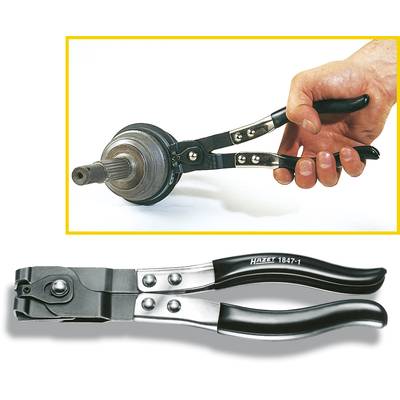 Hand holding hinged pliers to clamp axle boots; lower image shows a close-up of the pliers with the inscription 'Hazet 1847-1'.