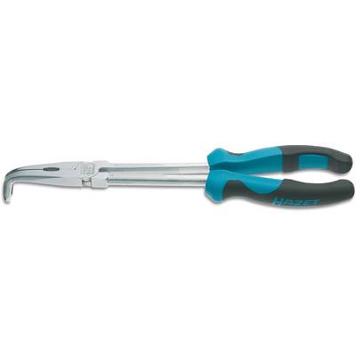 A curved needle-nose pliers with blue-black handles, suitable for precise gripping and holding small objects in tight spaces.