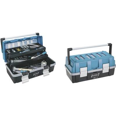'Hazet toolbox, Model 190 L-2, opened with various tools and closed with carrying handle, in blue and black.'
