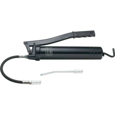 Black hand-operated grease gun with flexible hose and separate metal nozzle, suitable for lubrication and maintenance.