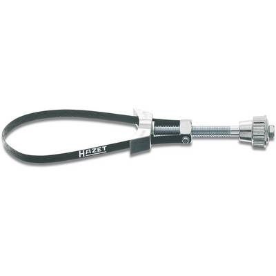Oil filter wrench with a black rubber strap and silver handle, brand 'Hazet', used for loosening or tightening oil filters.