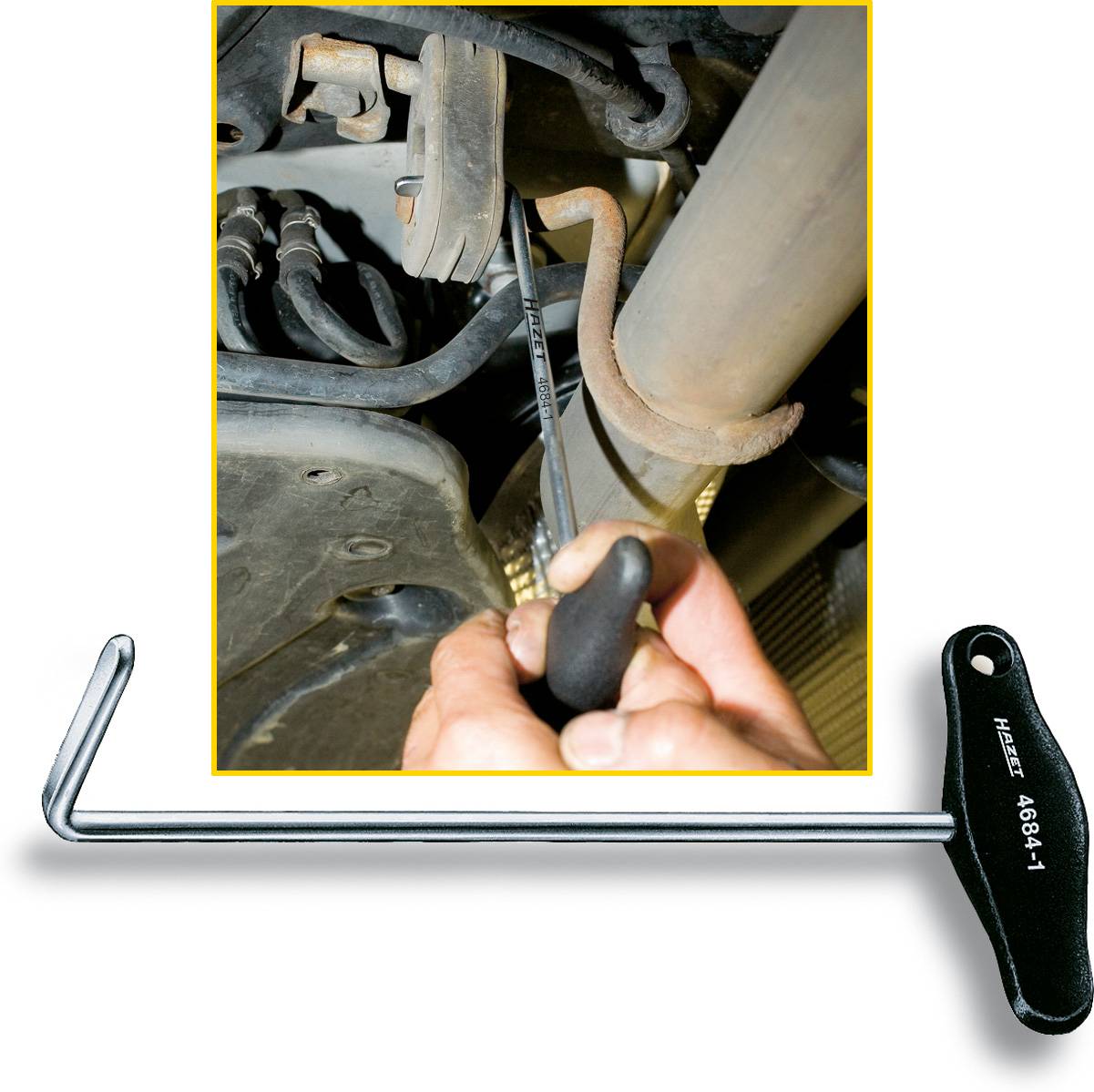 'The illustration shows a tool being used underneath a vehicle to remove or install an exhaust bracket.'