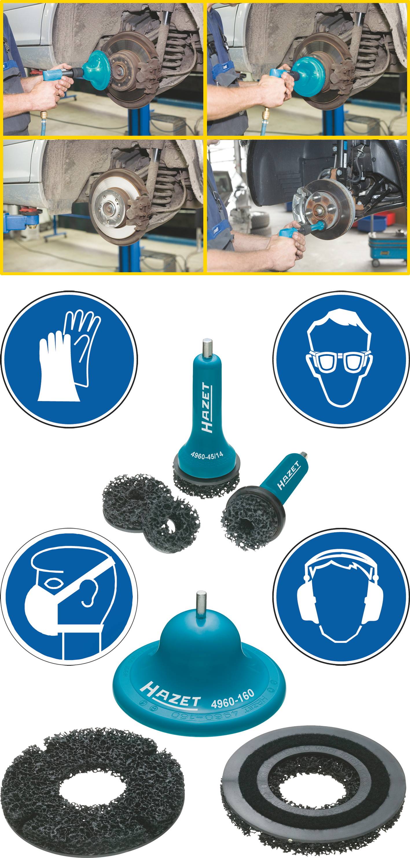 Top row: A mechanic uses a tool on a brake drum. Bottom row: Signs for protective equipment and tool details.