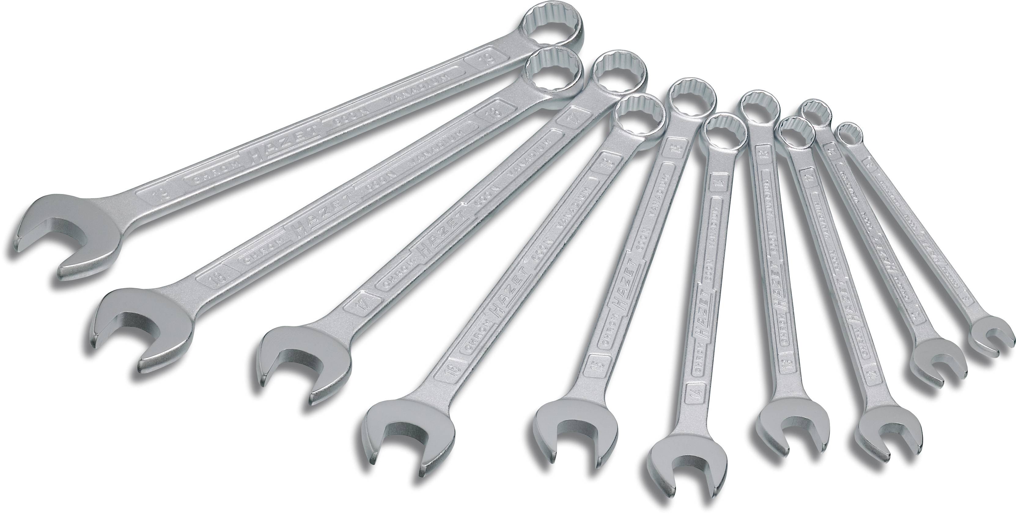 A row of ten silver spanners arranged side by side in ascending size.
