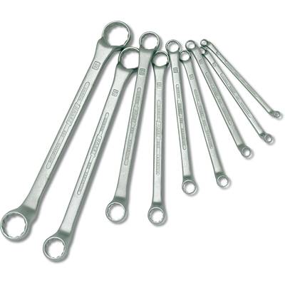 Eight ring spanners of different sizes are laid side by side, arranged from small to large. They are made of shiny metal.