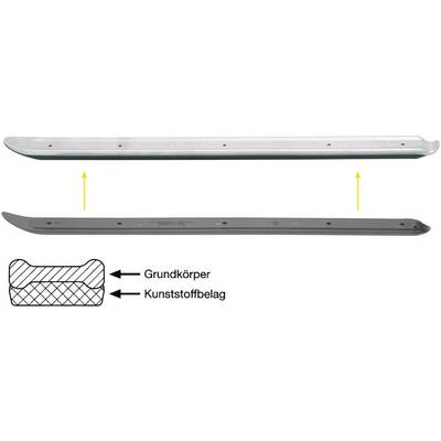 'Cross-section of a metal runner profile with plastic coating, labelled 'Base Body' and 'Plastic Coating'; with additional illustrations of upper and lower runners.'