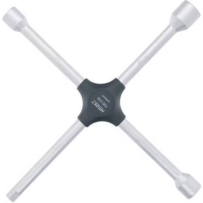 Four-way wheel brace with four differently sized nuts for removing or fitting wheel nuts on vehicle wheels.